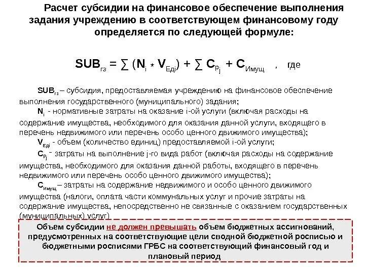 Порядок расчета субсидии. Расчет субсидии на выполнение государственного задания. финансовое обеспечение выполнения государственного задания. формула расчета субсидии. пример расчета субсидии.