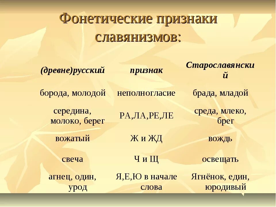 Какие есть древние слова. Фонетические признаки. Фонетика признаки. Фонетические старославянизмы примеры. Фонетические признаки старославянизмов.