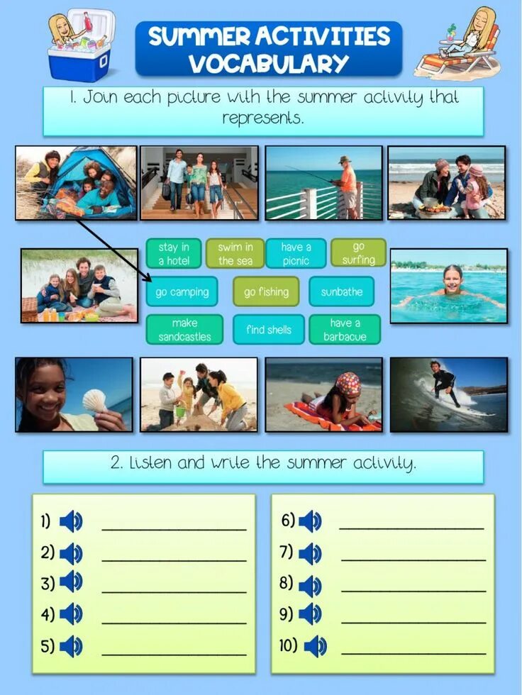 Travelling items worksheet. My summer book for kids. Картинка для описания activities. Ассоциации с летом. Summer activities pictures.