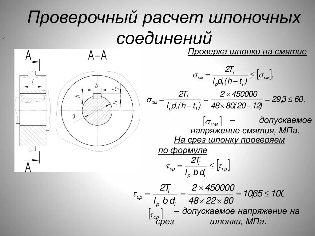 Расчет шпонки на срез формула. Смятие призматической шпонки. Формула расчета призматической шпонки на прочность. Расчёт шпонки на срез и смятие.