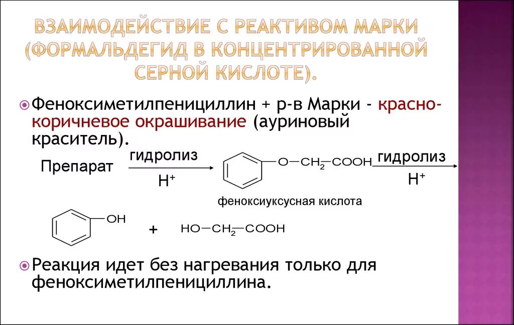 Ацетилсалициловая кислота с реактивом марки ауриновый краситель. Феноксиметилпенициллин с реактивом марки. Салициловая кислота с реактивом марки реакция. Салициловая кислота с реактивом марки. Реакции приводящие к образованию серной кислоты