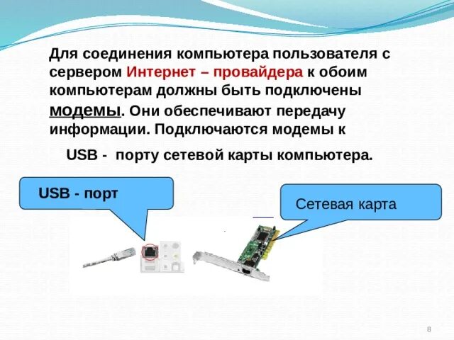 Порты сетевой карты. Порт сетевой карты.  Модемы, подключаемые Ethernet-портам компьютера.  Модемы, подключаемые к USB, com портам компьютера. Модем подключенный к компьютер модем+подключенный к компьютеру.