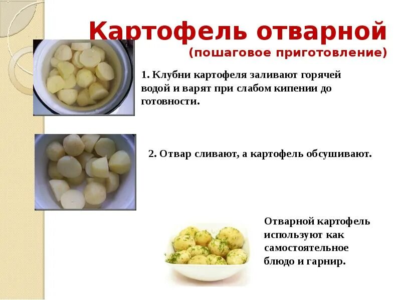 Измельчите клубень сырого картофеля до состояния. Картофель отварной технология приготовления. приготовление блюд из картофеля задания. пошаговое приготовление отварного картофеля. приготовление гарниров из вареных овощей.