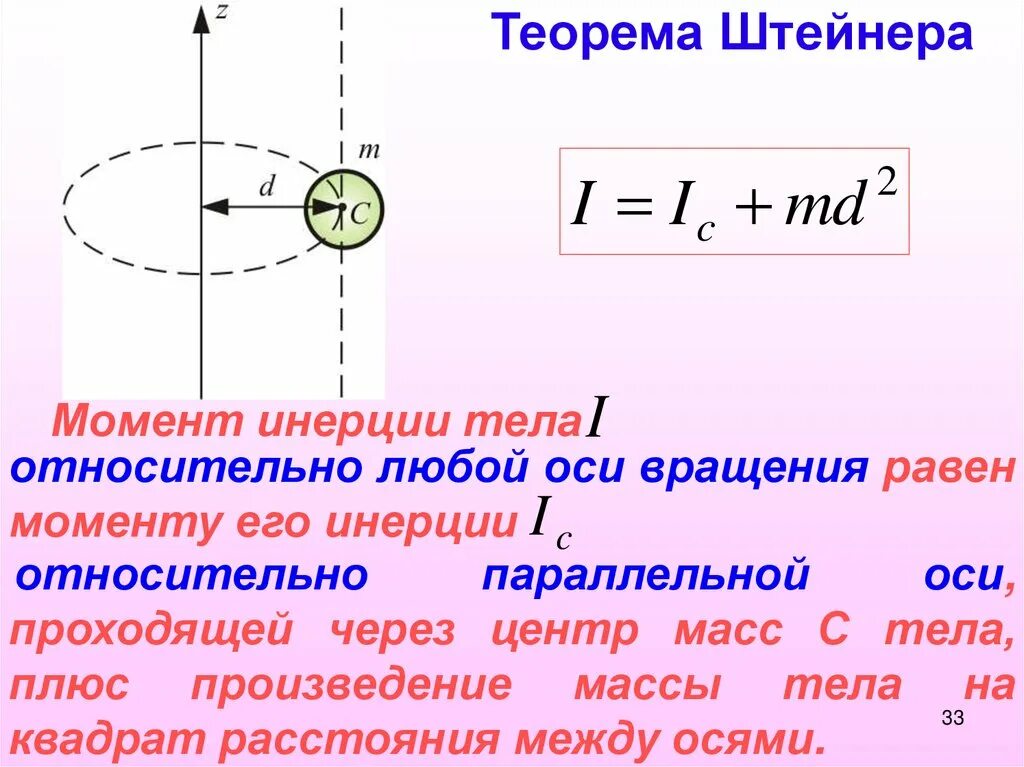 Момент инерции диска относительно оси вращения. Момент инерции диска через теорему Штейнера. Момент инерции центра масс. Момент инерции тела относительно оси проходящей через центр масс.