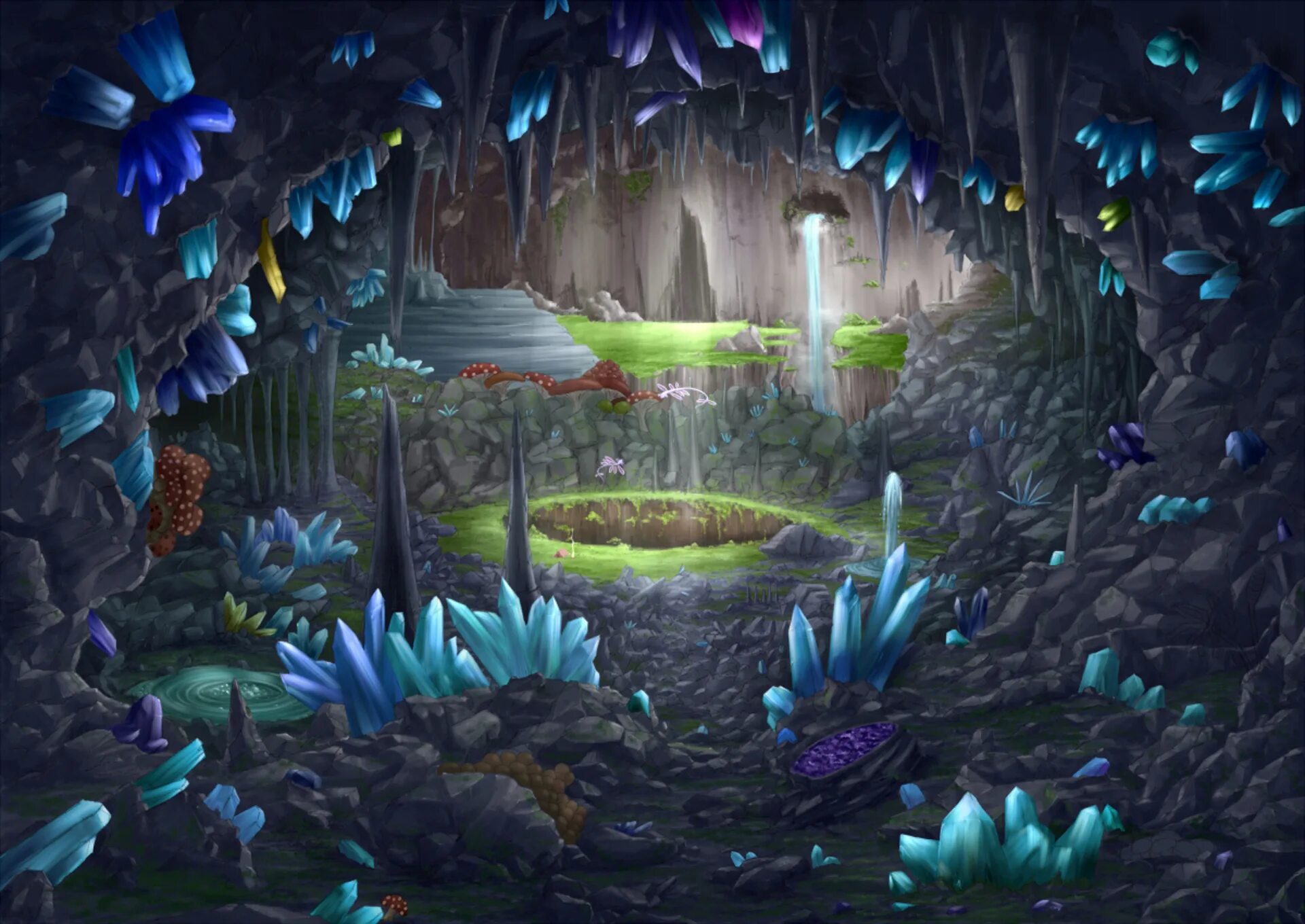 Кристальный лес. Пещеры Кристал-Кейв. Сказочная пещера. Сказочный подземный мир. Фэнтези пещера с растительностью.
