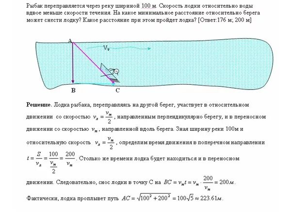 Скорость течения воды в реке. Зависимость скорости течения от скорости судна. Скорость течения жидкости. Минимальный снос лодки. Определите скорость воды выбрасываемой