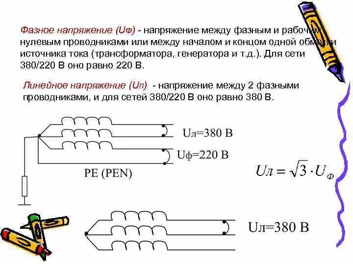 Линейное напряжение 220в в трехфазной сети. Линейное напряжение от фазного. Фазное напряжение в сети 0.4 кв. Фазное и линейное напряжение в трехфазных цепях.