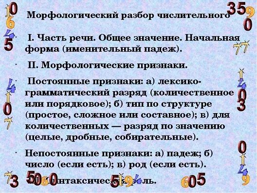 Морфологический разбор имени числительного два. План разбора числительного. Морфологический разбор числительных. Числительное морфологический разбор. Порядок разбора числительных.