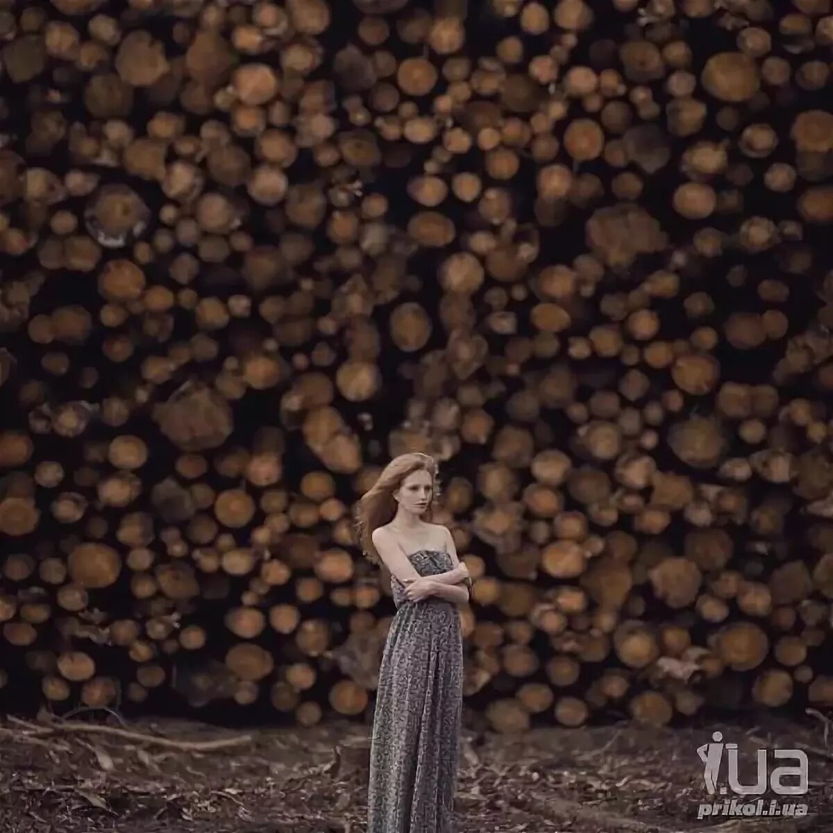 Девушка на фоне деревьев. Фотосессия с дровами. фотосессия на фоне бревен.
