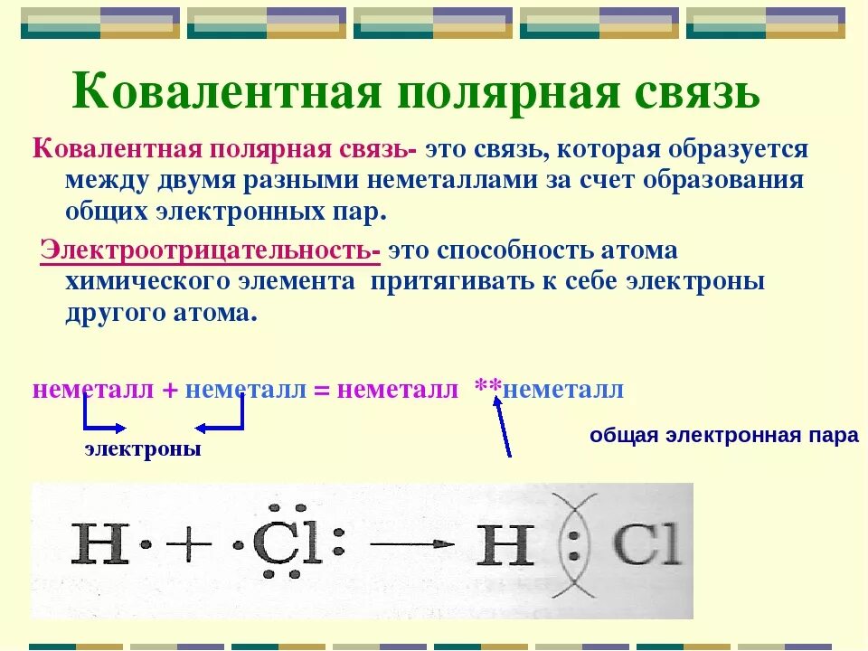 Ковалентная неполярная механизм образования. Ковалентная Полярная связь Тип химической связи. Виды химической связи ковалентная Полярная связь примеры. Механизм образования ковалентной полярной связи