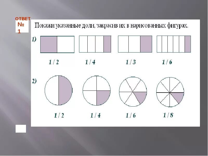 Доли фигуры. Доли рисунок. Какая часть рисунка закрашена. Задание на доли с фигурами.