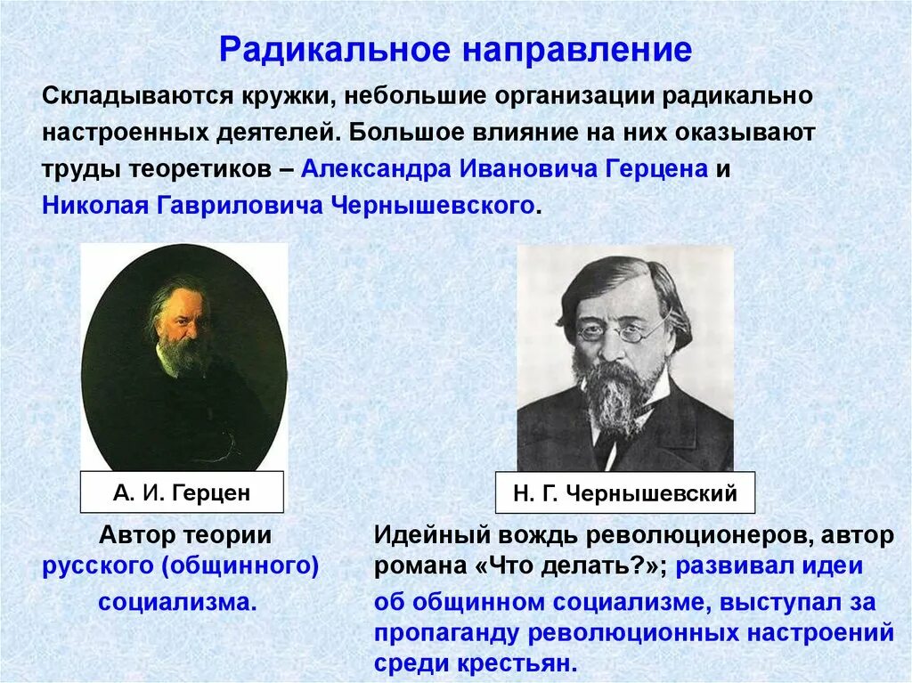 Как называли представителей общественного движения. Радикальное направление при Александре 2 Герцен. Представители радикального направления. Радикальное Общественное движение при Александре 2. Радикальное направление общественного движения.