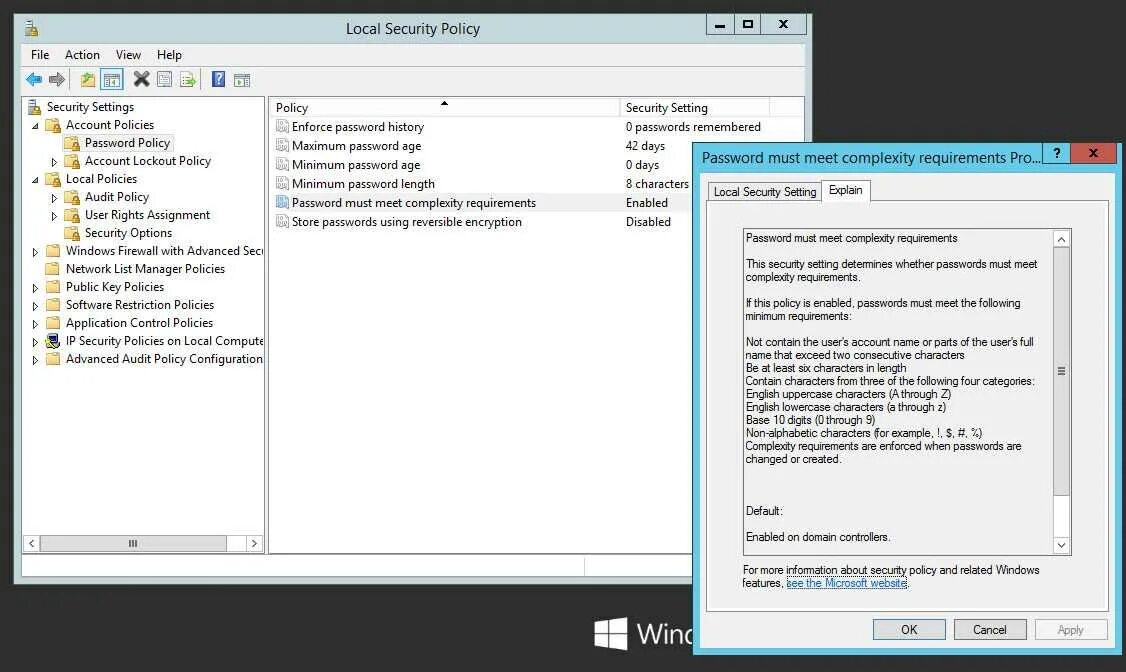 Password policy. Change password Active Directory. Password must meet complexity requirements. Password age. Password length.