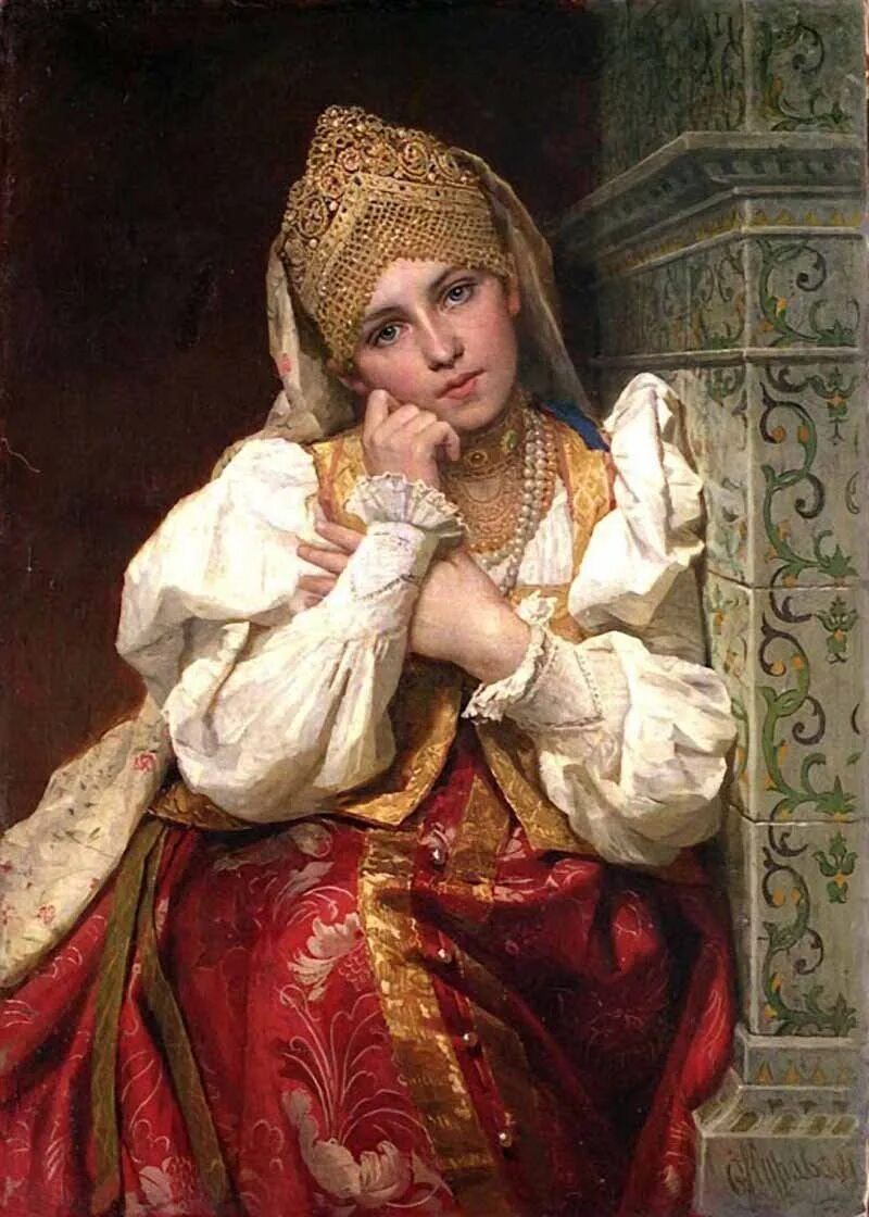 Образ русской женщины. Фирс Журавлев Боярышня. Журавлев Фирс Сергеевич 1836-1901. Художник Журавлев Фирс Сергеевич (1836-1901) - Боярышня. Фирс Журавлев картина Боярышня.