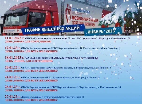 График выездной бригады донорской на январь 2025 График выездов бригад Центра крови на АПРЕЛЬ 2024 года. Уважаемые доноры! Обраща