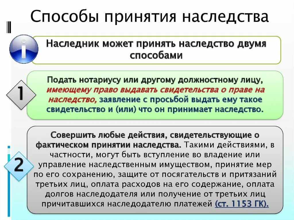 Срок владения по наследству. Схема 2 способа принятия наследства. Способы и сроки принятия наследства. Фактическое принятие наследства. Способы принятия завещания.