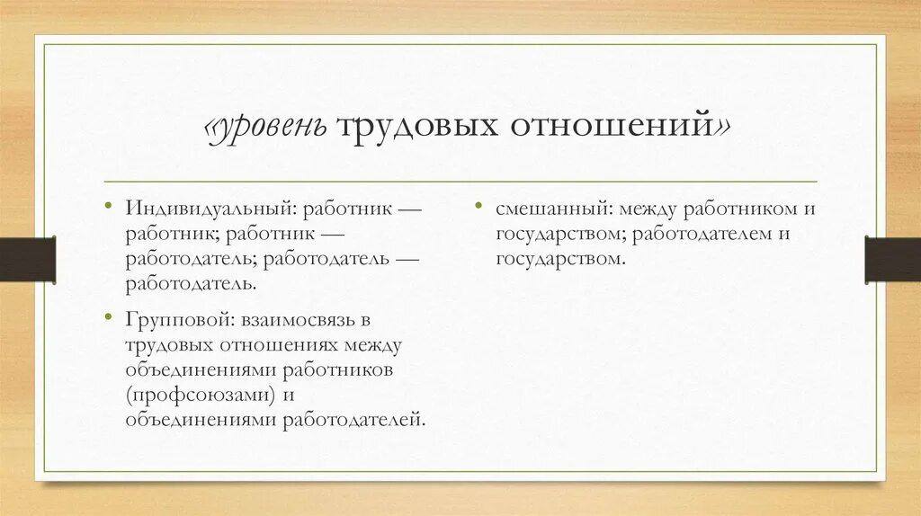 Страны трудовых отношений. Уровни социально-трудовых отношений. Отношения между работником и работодателем. Индивидуальные трудовые отношения. Смешанный уровень социально-трудовых отношений.