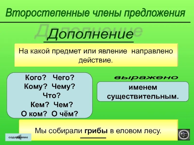 Предложение с второстепенными членами предложения. Дополнение какой линией