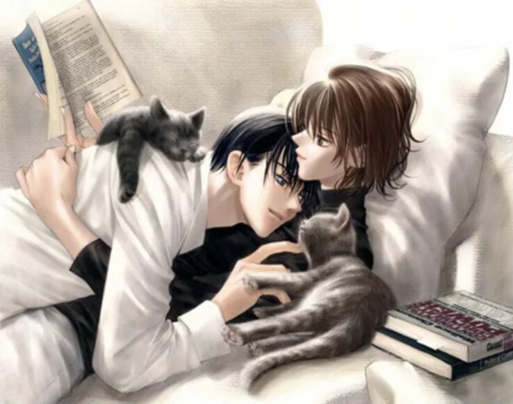 Котик в кровати. Парень девушка и кошка. Парень девушка и кошка. Пара с котом. Кицунэ аниме любовь.