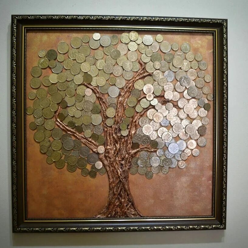 Самодельная картина. Панно "дерево". Панно декоративное "дерево". Панно с монетами. Панно "денежное дерево".
