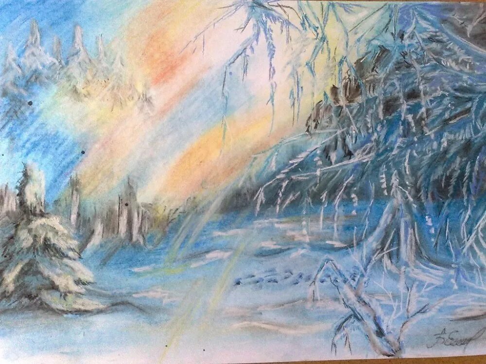 Этюд метель автор. Зимний пейзаж цветными карандашами. вьюга живопись. метель в живописи. зимний лес карандашом.