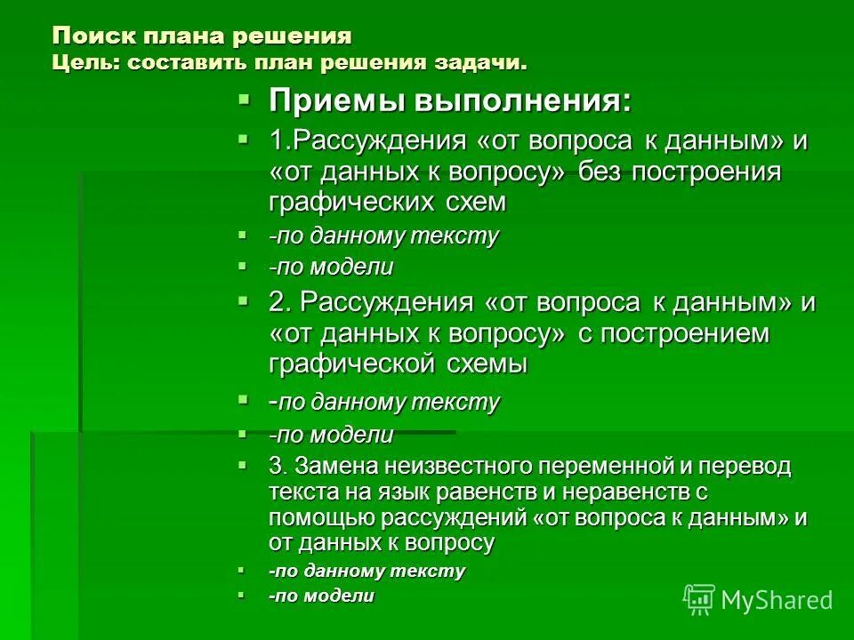 Этап поиска решения задачи. Поиск плана решения задачи приемы. План выполнения задач. Составление плана задач. Приемы решения задач.