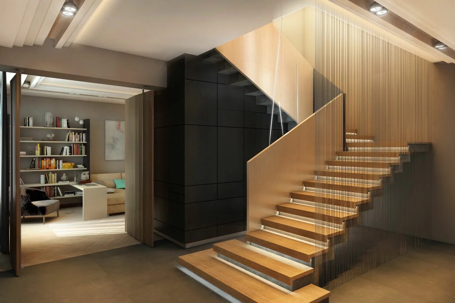 Modern Stairs trends. Зал фойе три этаж дизайн с лестницами потолок зеркальный. Floated Stairs. Being home project