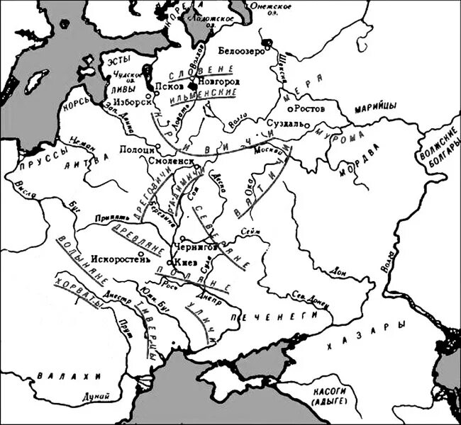 Расселение восточных славян карта черно белая. Восточнославянские племена на карте древней Руси. Карта расселения славянских племен. Карта расселения племен славян древней Руси. Карта племен восточных славян