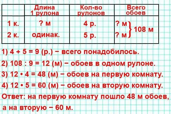 35 м 7 см. На оклейку двух комнат пошло 9 рулонов обоев. На оклейку двух комнат пошло 108 м. На оклейку двух комнат пошло 9 рулонов обоев одинаковой длины. Условие задачи на оклейку двух комнат.