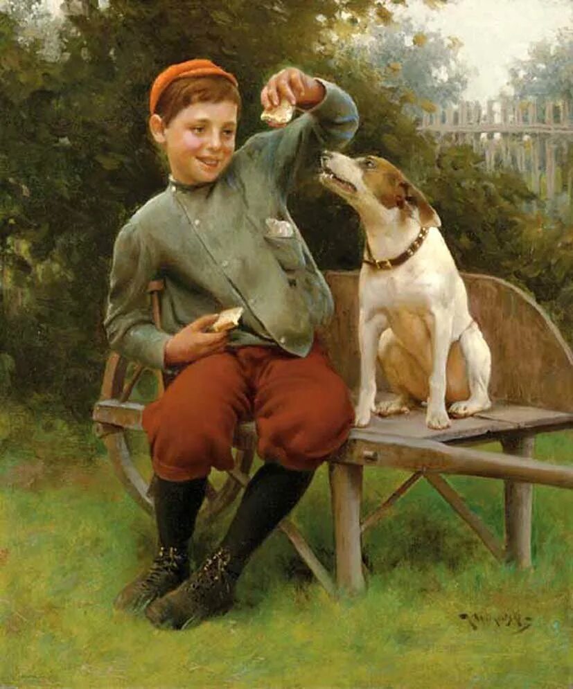 Мальчик играющий с собакой. Собаки в живописи.