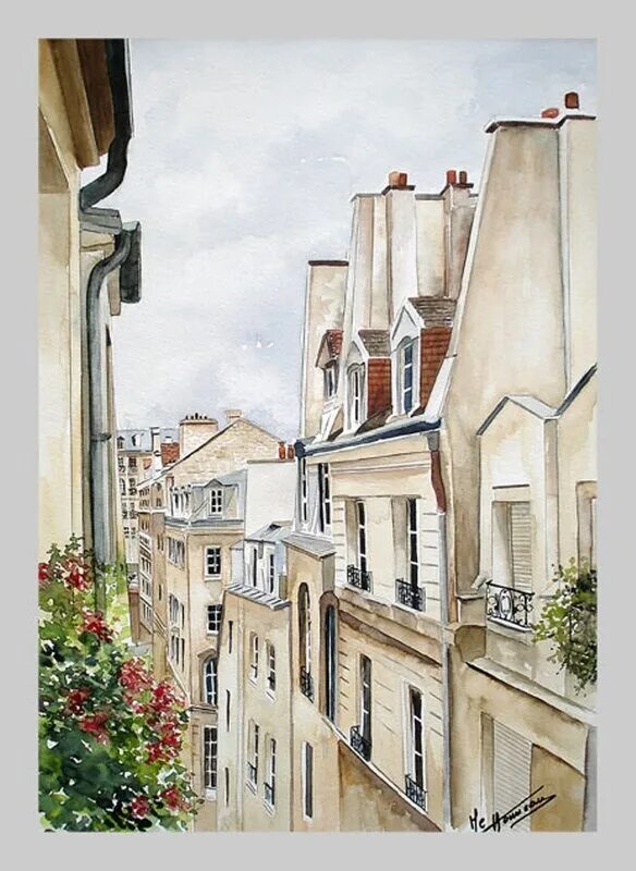 Marie-Claire Houmeau французская художница. Париж Монмартр акварель. Городской пейзаж акварелью. Европейские улочки. Город натура