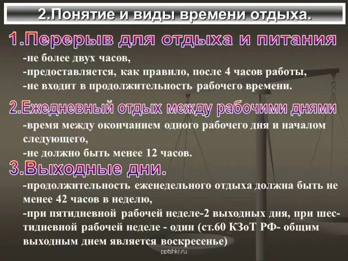 Особенности времени отдыха работников. Виды времени отдыха таблица. Понятие и виды времени отдыха. Виды отдыха по трудовому праву. Виды рабочего времени и отдыха.