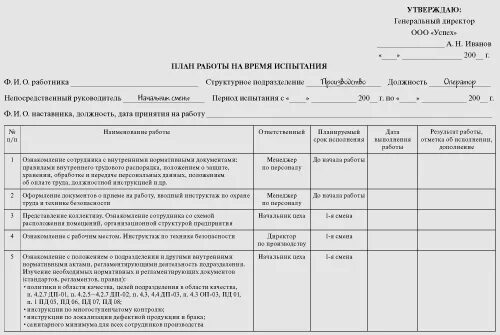 Испытательный срок для заместителя главного бухгалтера. План работы сотрудника на время испытательного срока. План прохождения испытательного срока специалиста по охране труда. План работы на период испытания руководителю. План работы на период прохождения испытательного срока.