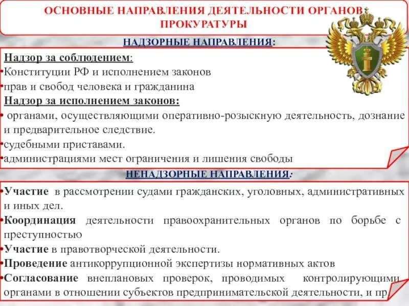 Основные направления деятельности прокуратуры РФ. Надзорные и ненадзорные направления деятельности прокуратуры РФ. Направление деятельности органов прокуратуры РФ. Понятие направлений деятельности прокуратуры. Организация исполнения в органах прокуратуры