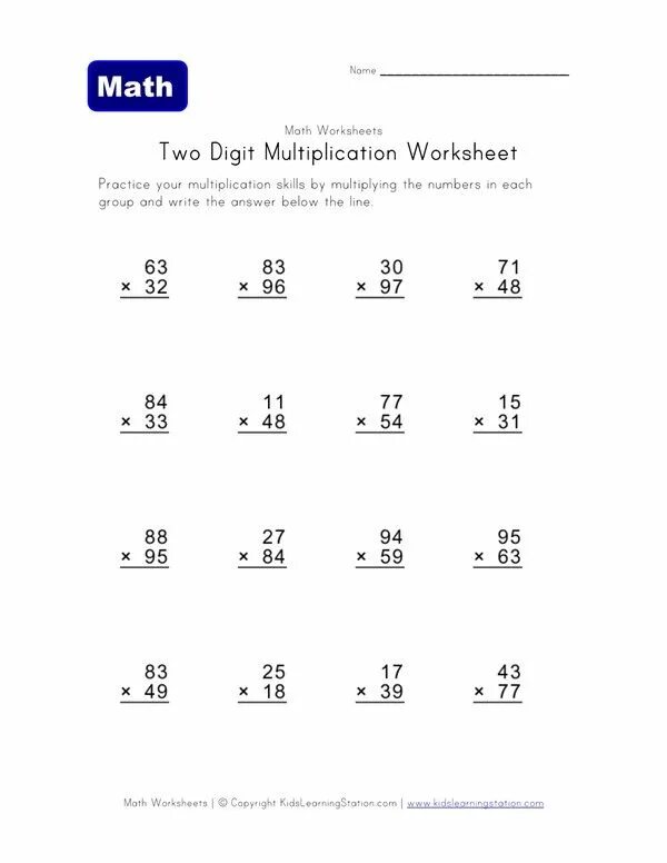 Multiplication worksheets. Multiplication 2 digit by 1 digit. Multiplication exercise. Two digits. The value of digit 2 is 2.