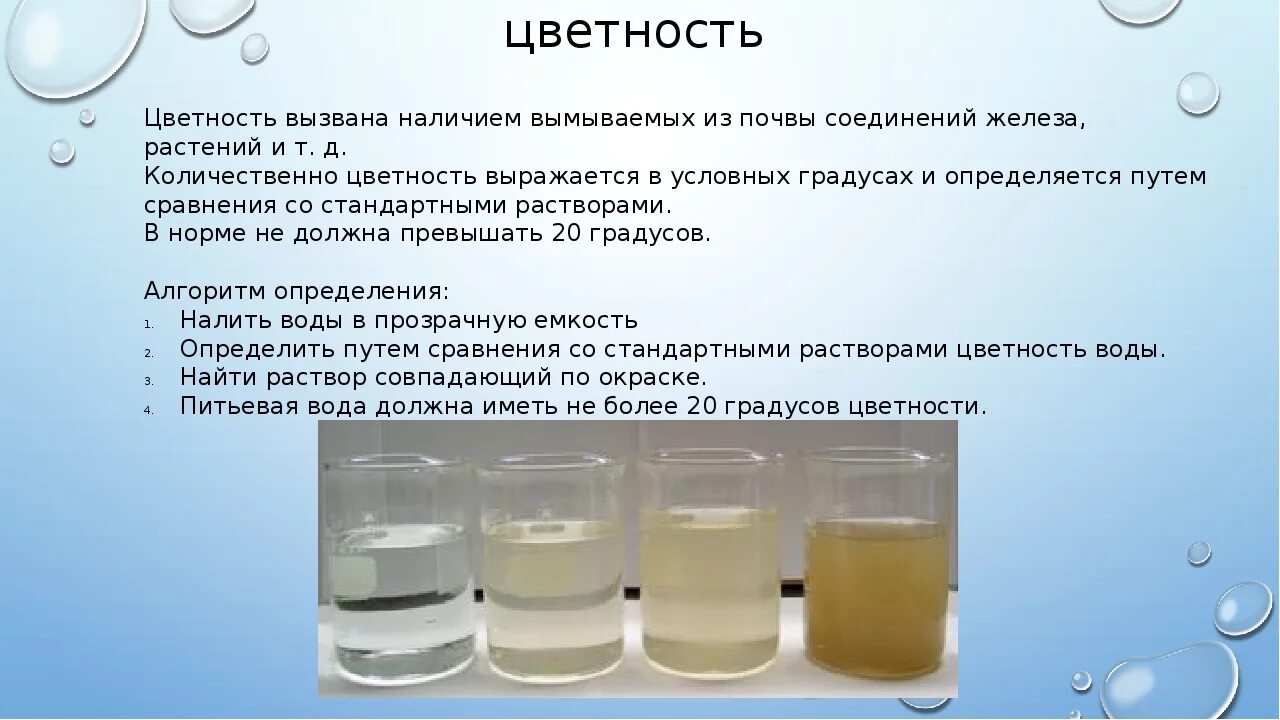 Разбавил водой анализы. Цветность водопроводной воды. Мутность и Цветность воды. Показатель цветности воды. Цветность воды норма.