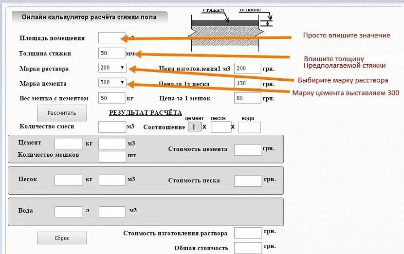 Расход материала на стяжку