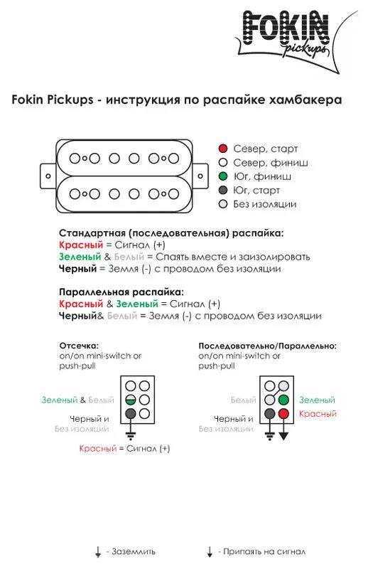 Пикап инструкция. Распайка звукоснимателей Фокин. Схема подключения хамбакеров Фокин. Fokin Pickups p94 схема распайки. Фокин звукосниматели.