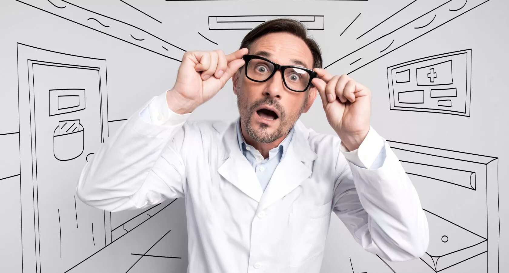 Врач в шоке. Испуганный доктор. Врач в шоке. Испуганный доктор. Удивление врача.