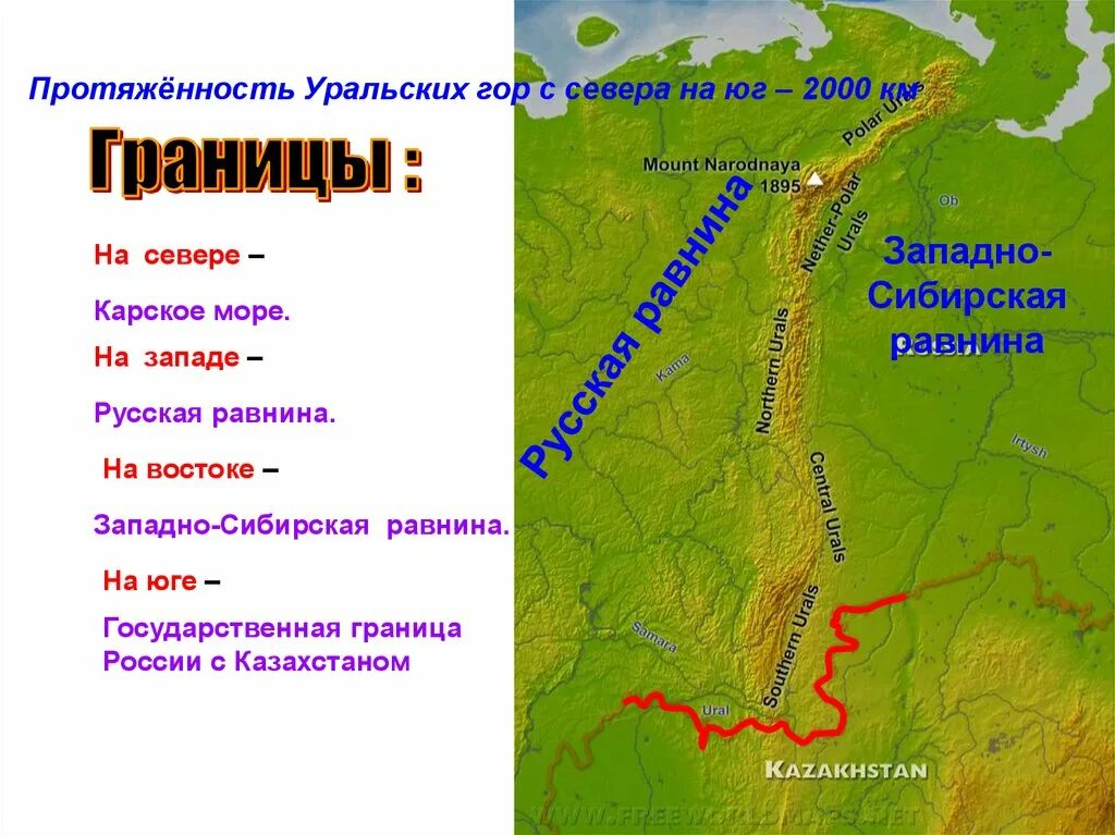 Где начало урала. Уральские горы на карте. Протяженность уральских гор. Протяженность уральских гор с севера на Юг. Протяженность гор Урала.