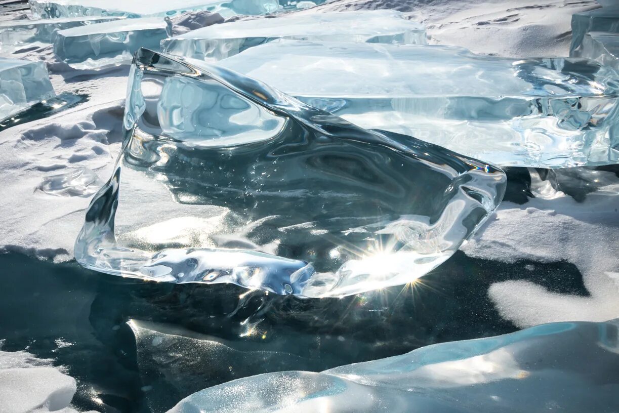 Вода покрылась коркой льда. Лёд. Чистый лед. Лед Байкала. Замерзшая вода.
