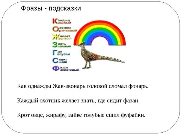 Как однажды Жак Звонарь головой сломал фонарь. Радуга каждый охотник желает знать где сидит фазан. Про радугу высказывания про фазана. Радуга задания для детей. Пользуясь учебником напиши в квадратиках первые