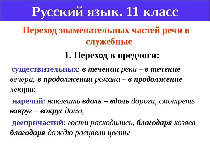 Переход знаменательных частей речи в служебные. Переход в предлоги других частей речи. Переход одной части речи в другую. Примеры перехода слов знаменательных частей речи в служебные. Переход слов в наречие