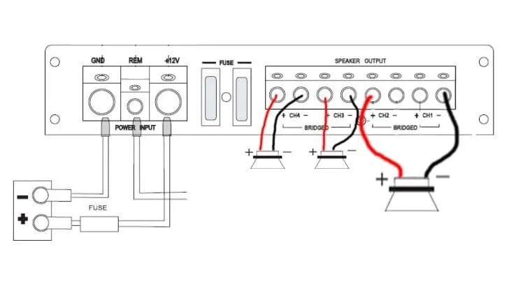 Схема мостового подключения сабвуфера к усилителю. Схема включения 4х канального усилителя. Схема подключения 4 канального усилителя и сабвуфера. Схема подключения 4 динамиков на 4 канальный усилитель.