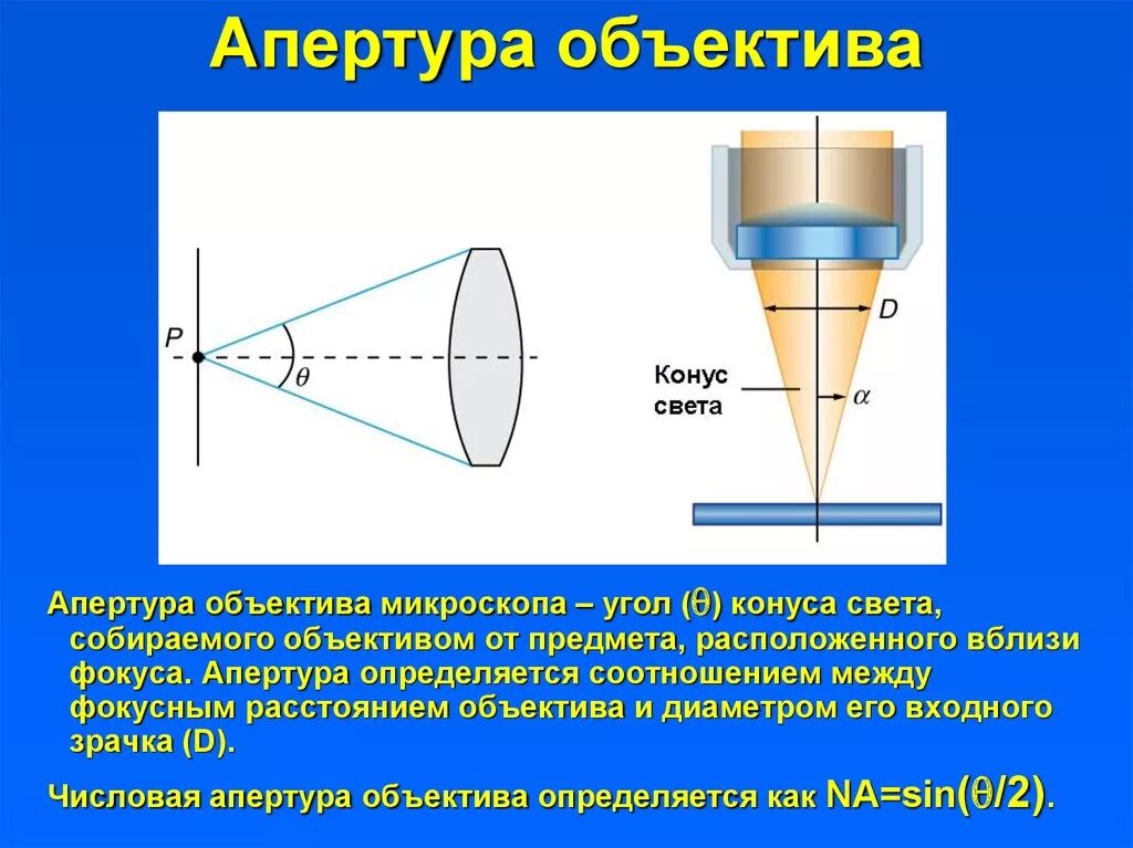 Формула числовая Апертура объектива микроскопа. Апертурный угол объектива микроскопа это. Угловая Апертура микроскопа. Угловая Апертура микроскопа формула. Единица измерения оптической линзы