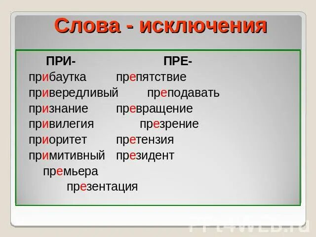 Словарные правописание приставок. Приставки пре и при исключения. Слова с приставками пре и при. Приставки пре и при правило и исключения. Слова исключения с приставками пре и при.