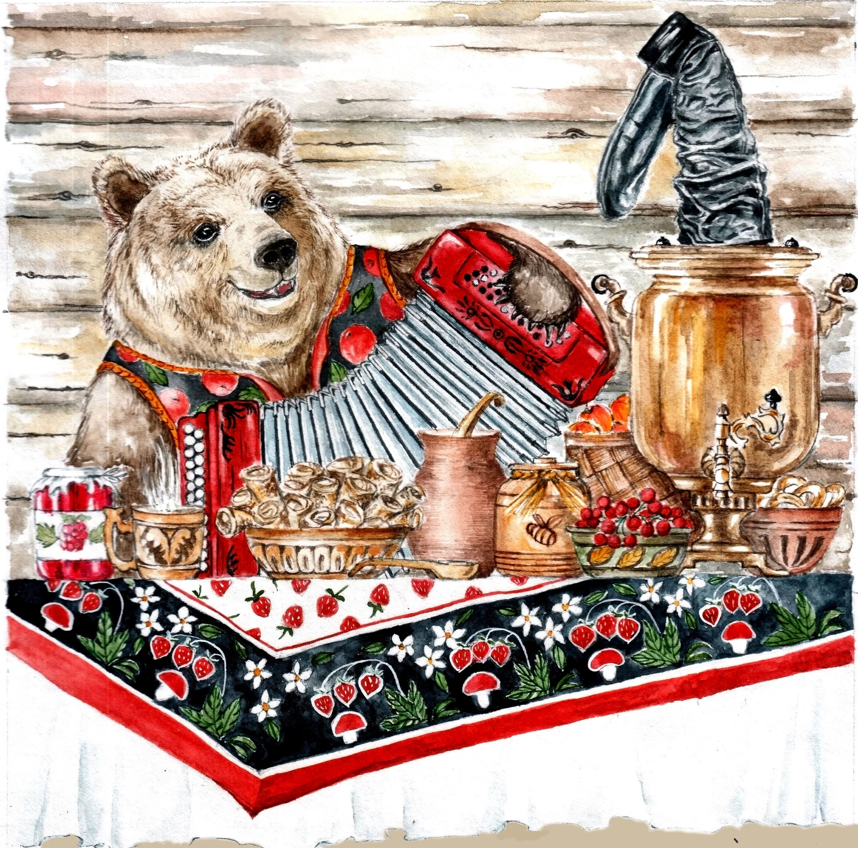 Осторожно с блинами медведь. Медвежонок самовар. Медведь с самоваром. Чаепитие с медведем. Медведь с самоваром рисунок.