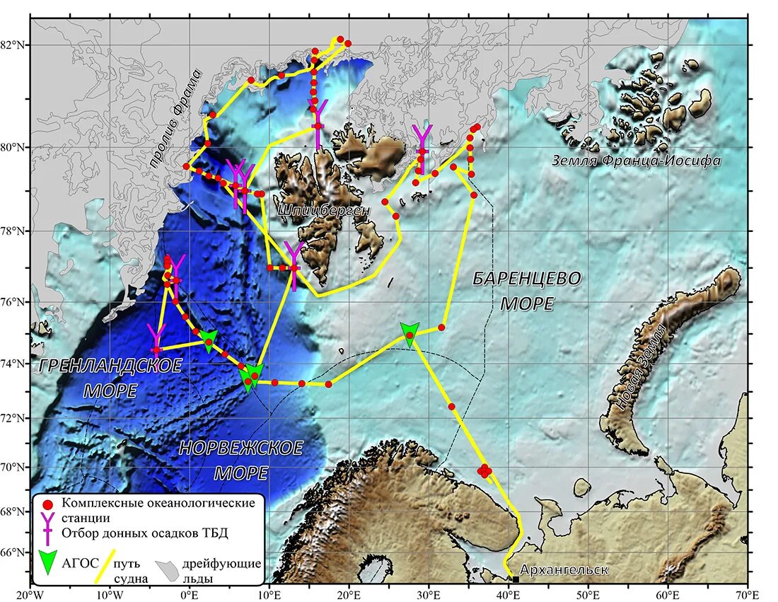 Европейская Арктика. Европейская Арктическая. Поднятие института океанологии в море на карте.