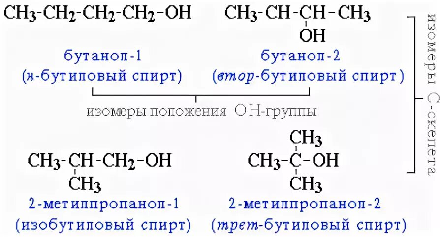 Структурную формулу бутилового спирта. Формулы возможных изомерных спиртов состава с4н9он. структурные изомеры спирта c4h9oh.