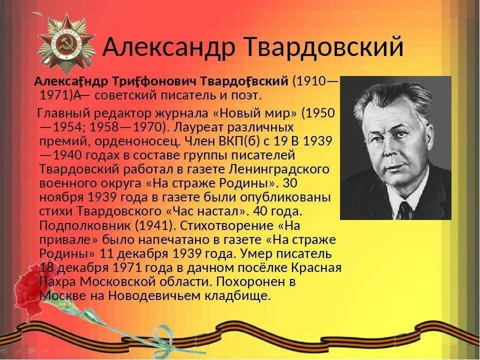 Кому посвятил писатель. Биография а т Твардовского 5 класс.